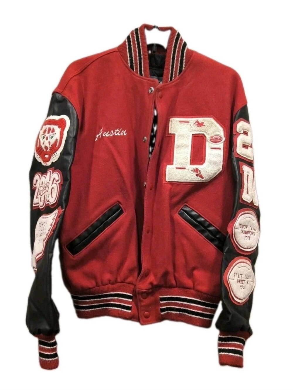 Red Black Varsity Letterman Jacket Wool Chenille Patches Football Mills 23